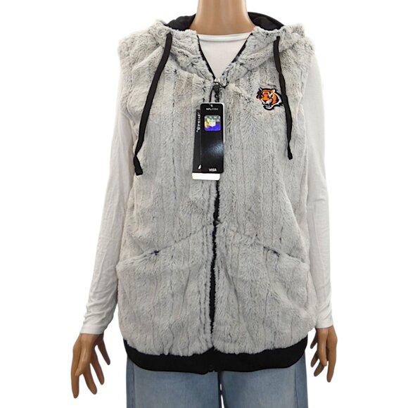 NWT NFL Bengals Faux Fur Vest XL Women’s Antigua Hooded Zip Team Apparel - Picture 1 of 13
